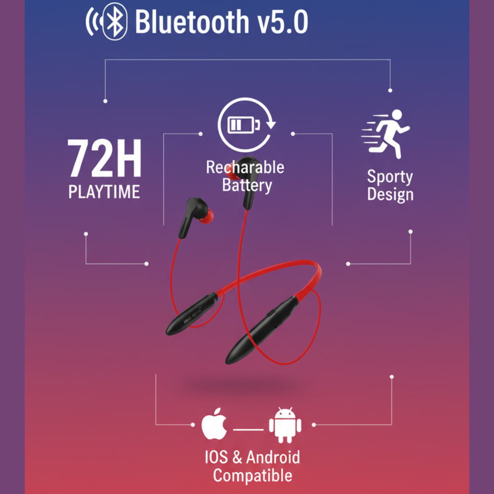 ROCK MUSIC WANTED Wireless Neckband – Deep Bass, Long Playtime & Comfortable Fit